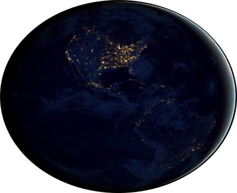 NASA image of earth at night, showing spots of light