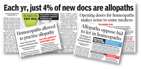 Press clippings about government decision to allow homeopaths to prescribe allopathy medicines.